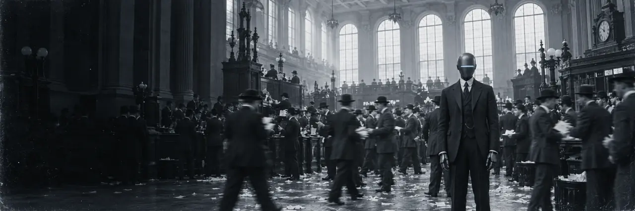 A robot in a pinstripe suit standing still on a crowded early-1900s trading floor