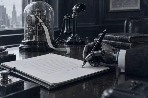 A robot hand signing a typed document with a fountain pen