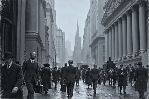 Robots in suits carrying briefcases walk among the crowd on Wall Street in the early 1900s